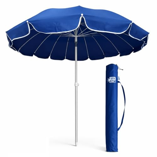 DANYX Ombrellone Mare 220 cm Antivento UV50+ 16 Stecche Fibra di Vetro Palo Alluminio Inclinabile Airvent con Trivella e Fodero Tracolla (Blu)