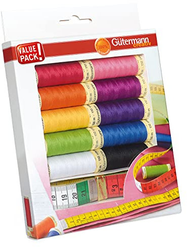 Gütermann creativ Nähfaden-Set mit 10 Spulen Allesnäher 100 m in starken Farben + ein Schneidermaßband