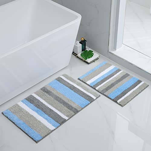 Homaxy rutschfest Badematten Set 2 teilig Mikrofaser Saugfähige Badteppich Weich Hochflor Badvorleger Set –40 x 60 cm + 50 x 80 cm, Blau/Grau