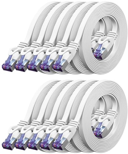 deleyCON 0,25m Platt CAT7-Nätverkskabel 10 Gbit/s, 10 Stycken - Vit | Kort 25 cm RJ45 Ethernet-patchkabel, platt, Gigabit LAN, för internet, switch, router, modem och patchpanel