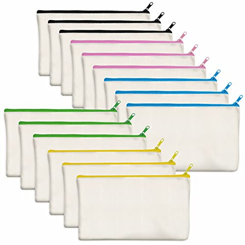 Vantasii 15 Pack Blank Cotton Canvas DIY Craft Zipper Bags Pouches Pencil Case for Makeup Cosmetic Toiletry Stationary Storage (Beige, Color Zipper,8.3” x 4.7”)