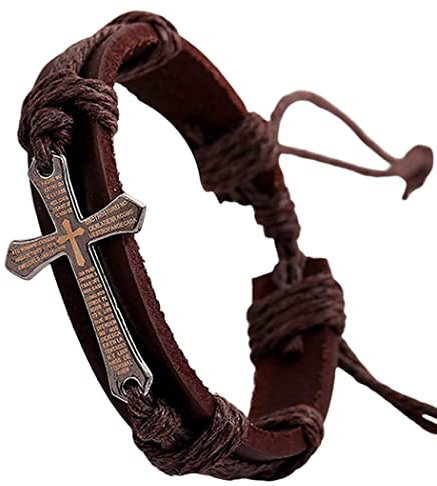 Branets Mens Leather Bracelet Bible Text Cross Bracelet Adjustable Wristband Brithday Gift for Men and Boys(Brown)