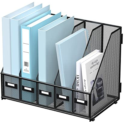 SUPEASY Desk Organizers Metal Desk Magazine File Holder with 5 Vertical Compartments Rack File Organizer for Office Desktop, Classroom, Home Workspace, Black