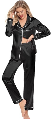 Leikar Silk Pajamas Long Sleeve Pajama Sets For Women Soft Button Down Pajamas Sleepwear Black