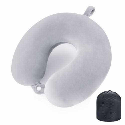 WENGX Travel Neck Pillow With Storage Bag Memory Foam Head Support Flight Pillows Cushion for Airplane Train Car Office Travel Essential for a Long Hauls Sleeping Rest (Grey)