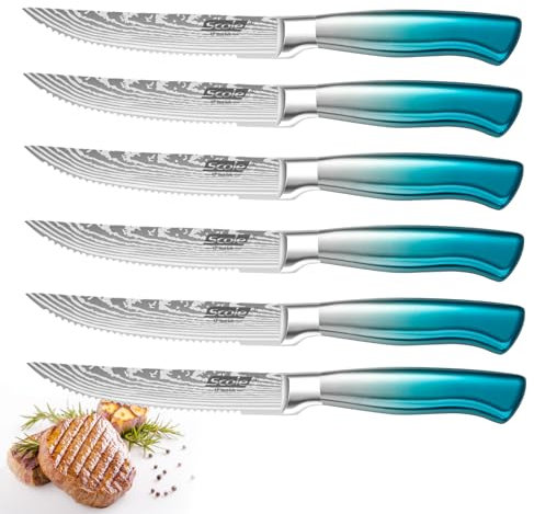 SCOLE Steakmesser Set 6-teilig, Küchenmesser set aus Deutscher Carbon Edelstahl, Scharfe Gezahnte Pizzamesser Grillmesser mit Ergonomischem Griff, mit Premium-Geschenkbox, Blau