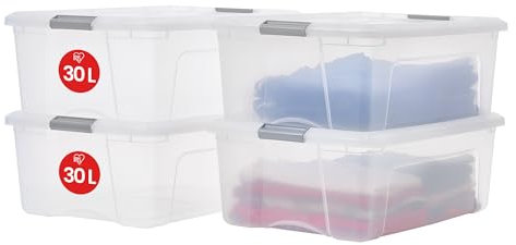 Iris Ohyama Aufbewahrungsboxen mit Deckel, 30L, 4er-Set, Silber, Sicherer Verschluss, Stapelbar, Griffe, Schlafzimmer, Schrank, Büro, Organisation, BPA-freies Plastik, Ordnungsboxen, NTB-30