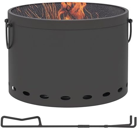 Outsunny Brasero en bois, diamètre : 38 cm, sans fumée, avec poignée, tisonnier et protection contre les étincelles, feu de table pour jardin, pique-nique, métal gris foncé