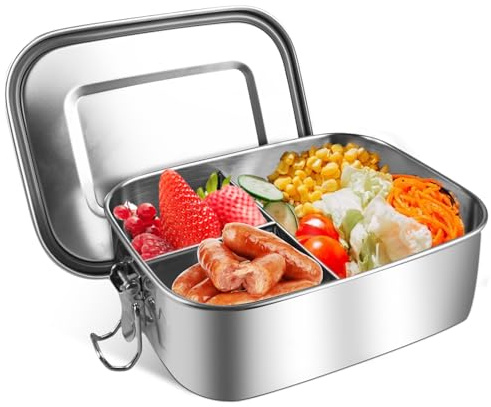 HOSPAOP Caja de almuerzo de acero inoxidable con compartimentos, caja de almuerzo de metal de 1000 ml, a prueba de fugas con 3 compartimentos, Caja para bocadillos, caja de pan para niños y adultos