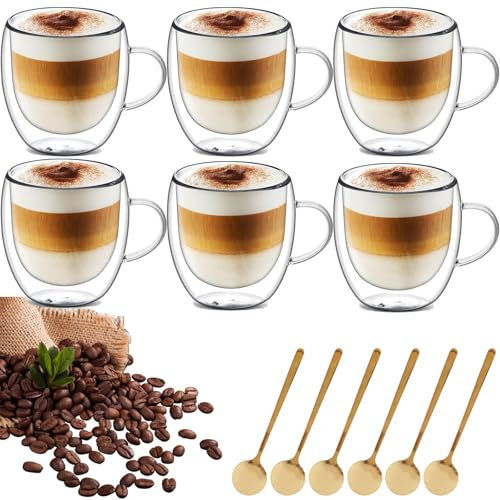 LOPYXBR Juego de 6 vasos para café con latte macchiato, 250 ml, de doble pared, con asa, capuchino con cuchara, tazas de capuchino, vasos de cristal para latte, té, café, leche, cerveza
