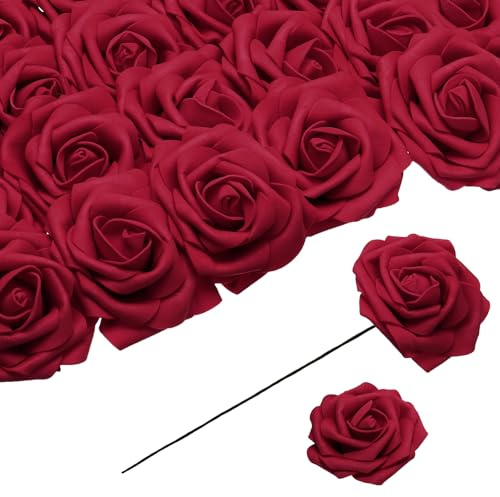 QUARKZMAN 25 Stück Schaumrosen Künstliche Blumen, Gefälschte Rosen mit Stielen Schaum Real Touch Faux Rosen für Hochzeit Party Büro Duschen Hausdekoration, Wein