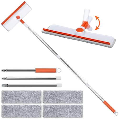 Alyvisun Lavavetri con Manico Telescopico [132cm], Professionale 2 in 1 Kit per Pulizia delle Finestre con Tergivetro in Silicone e 4 Tampone in Microfibra, Estensibile Tergivetro per Finestre Alte