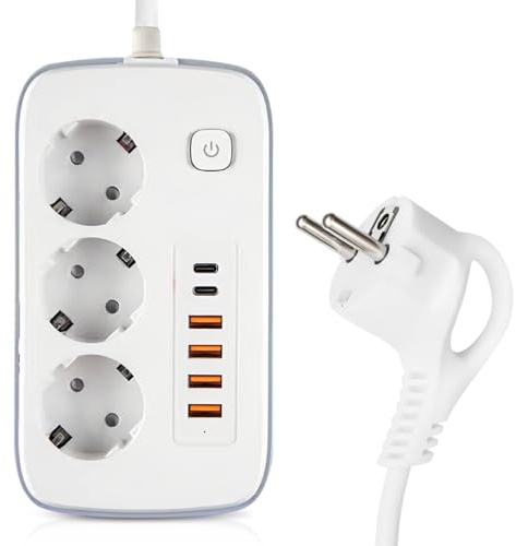 GOEDCH Multiuttag med USB C: Grenuttag 3-fack med 2 USB C, 2 m uttagsadapter med strömbrytare, stickuttag med 4 USB för kontor, resor, kök (PD 20W)