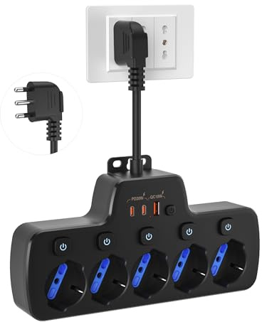 Presa Multipla Salvaspazio,Ciabatta Elettrica Multipresa con Interruttori Indipendenti,Multipresa 5 Posti Polivalenti P40 10/16A Italiana Tedesca Universali Schuko Bipasso,Spina 16A,Cavo Corto,Nero