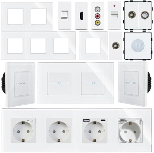 WLAN Steckdose & Touch Lichtschalter Wechselschalter Dimmer | LED beleuchtet | SmartHome | Alexa/Google Home kompatibel | Glasrahmen | LUXUS-TIME (Rahmen 2-Fach)