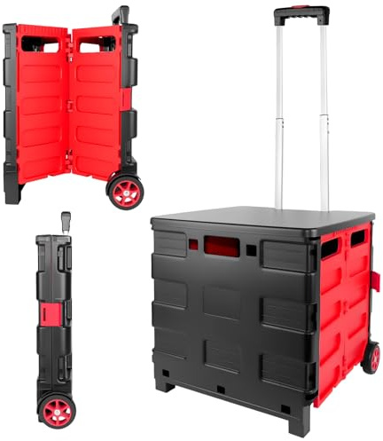 Heavy Duty Folding Portable Trolly Box Cart with Secure Lid, for Shopping and Storage, 35L Folding Shopping Cart with Wheels for Home, Office & Work, Black+Red