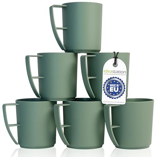 idéstation plast campingkoppar set 6 x 350 ml – gröngrå matt – okrossbara kaffekoppar av plast – idealiska plastmuggar med handtag när du är på språng