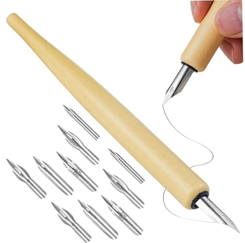 Muzrunq Ensemble de stylos à tremper Stylos manga en bois avec 5 plumes pour manga Comic Word Art et dessin à la plume et l'encre tremper jaune clair.