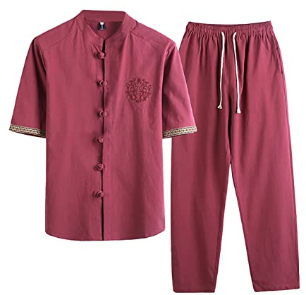 NNGOTD Men's Chinese Traditional Martial Arts Suit Kung Fu Tai Chi Classic Tangzhuang Short Sleeve Shirt Trousers Training Uniform Tracksuit (#0002 Red,5XL)