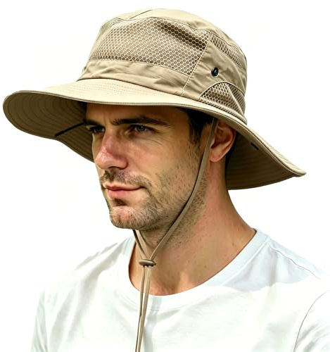 Bigoco Cappello da Pescatore Uomo Anti-UV UPF 50+, Cappello da Sole Donna Impermeabile Pieghevole con Rete Traspirante, Cappello da Pesca Safari Trekking a Tesa Larga con Sottogola Regolabile