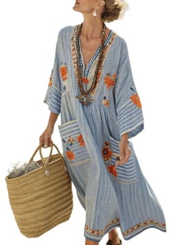 Vestido Largo Mujer Verano Estilo Caftán Boho Chic, Vestido Maxi de Algodón y Lino con Cuello en V y Manga 3/4, Diseño Holgado Transpirable con Bolsillos para Playa y Vacaciones