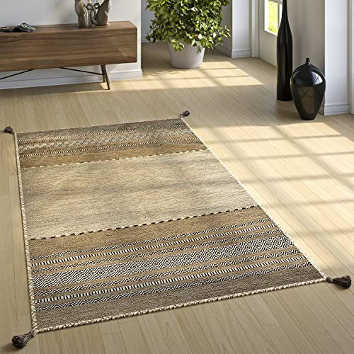 Paco Home Designer Teppich Webteppich Kelim Handgewebt 100% Baumwolle Modern Gemustert Beige, Grösse:80x150 cm