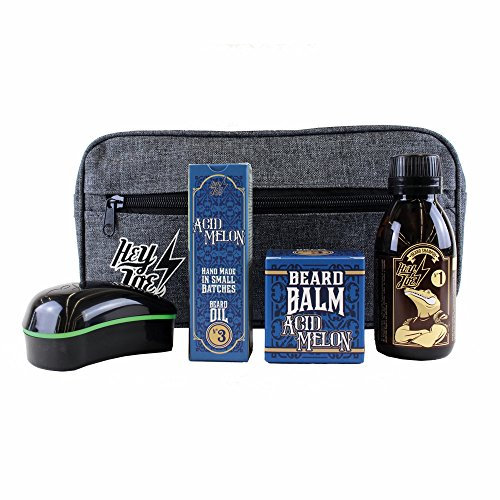 HEY JOE! Bearded Survival Kit Deluxe Nº 3 Acid Melon | Bartpflege Set für Männer Hochwertig [ Bartöl + Bart Balsam + Bartshampoo + Bartbürste ] - Geschenk Kulturbeutel Inklusive