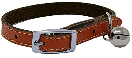 Cat Collar Real Leather with Safety Elastic, Bell, Available (Brown)
