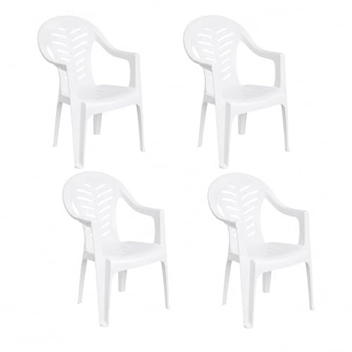 Solycarpa Lot de 4 chaises de jardin d'extérieur en plastique empilable avec accoudoirs pour jardin, terrasse, plage et camping - Chaise ergonomique en PVC, confortable et résistante (blanc)