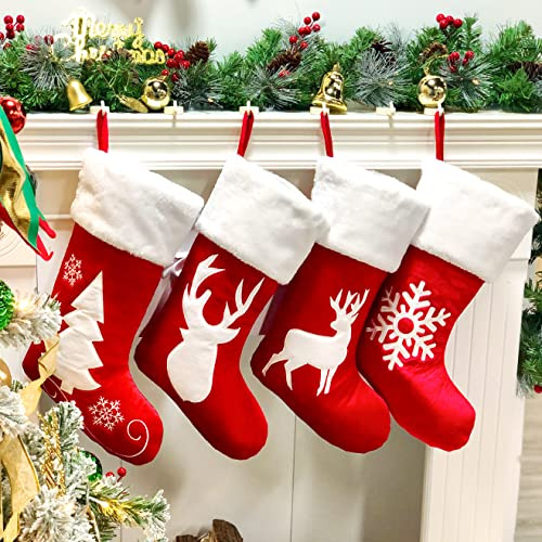 Hopearl 4 Pack 19'' Red Velvet Christmas Stockings Kit Hanging Family Socks