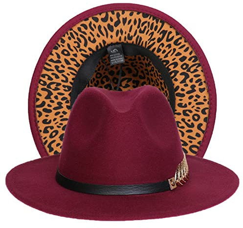JK Home Womens Mens Classic 1920s Gatsby Fedora Hats, Patchwork Two Tone Wide Brim Panama Roaring Jazz Cap Burgundy/Leopard