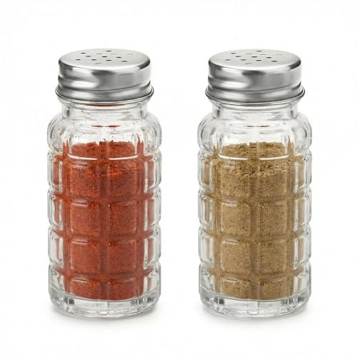 TOPKITCHEN 2 Pack Salt and Pepper Shakers Set, Glass Spice Jars with Stainless Steel Holes Lid, Rust-Proof Refillable Seasoning Jars for Countertop