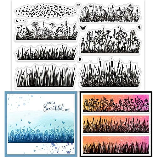 GLOBLELAND Grass Clear Stamps for Card Making Decorative Wildflowers Leaves Flowers Dandelion Transparent Silicone Stamps for DIY Scrapbooking Supplies Embossing Paper Card Album Decoration Craft