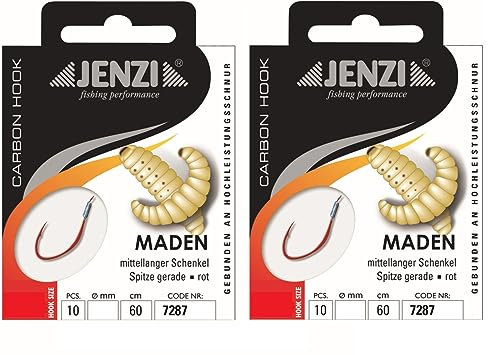 Set: 2 Packungen gebundene Maden-Haken von Jenzi, (20 Stück) an Mono Schnur 60cm Hakengröße 10, 12, 14 & 16 Vorfach fertig + gratis Petri Heil! Aufkleber (Hakengröße 12)
