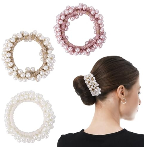 Lusofie Elegant Pearl Hair Scrunchies 3 Pack - Non-Slip Elastic Ponytail Holders, Gentle No Crease Hair Ties for Women & Girls, for Daily Use, Workout, Office