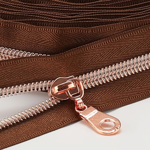 Sawoake 9m Bulk Zipper, (#5) Reißverschlüsse zum Nähen, Brown Nylon Coil Zipper mit Antique zähnen, Ersatz Nähreißverschluss mit 20PCS Reißverschluss Sliders(#5 Brown Rose Gold)