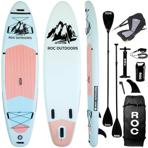 Roc Inflatable Stand Up Paddle Board with Premium SUP Paddle Board Accessories, Wide Stable Design, Non-Slip Comfort Deck for Youth & Adults (Cloud W/Kayak Seat)