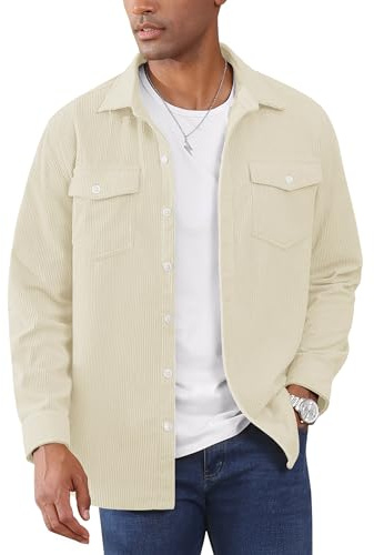 EKLENTSON Mens Long Sleeve Top Button Down Corduroy Shirt Jacket Casual Relaxed-Fit Lapel Jacket for Men Beige,2XL