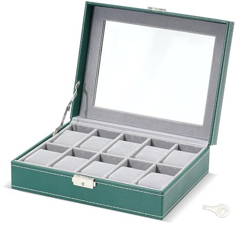 TRIXES Scatola per orologi in ecopelle verde con 10 scomparti – organizer per orologi con finestra in vetro – scatola con cuscini rimovibili