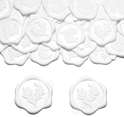 Filhome 50 st vaxförseglingsklistermärken, 29 mm vita kuvert tätningsklistermärken, esklistermärken, eukalyptusblad vintage bröllopsinbjudan klistermärken för alla hjärtans dag födelsedag brud dusch