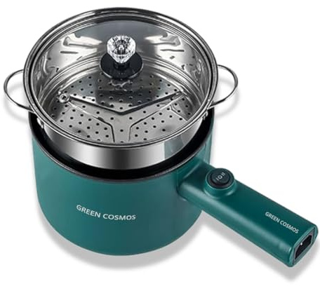 Green Hot Pot Electric with Steamer, Multi-function Cooker, 1.8L Noodle cooker Non-Stick Frying Pan, Electric Pot for Pasta with Adjustable Temprature Control, Over-Heating & Boil Dry Protection