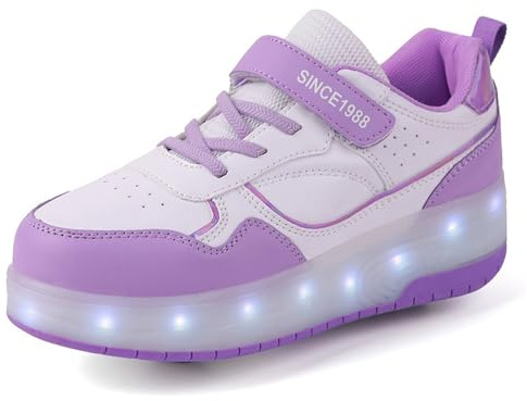 Mateju Schuhe mit Rollen für Kinder Mädchen Jungen Rollschuhe Schuhe mit 2 Rollen, 2 in 1 Turnschuhe Versenkbarer, Damen Herren Roller Schuhe Turnschuhe Skateboardschuhe 38 EU violett