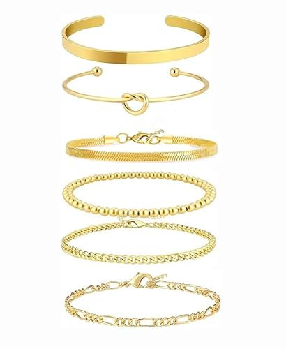 Guidre 5 Stück Gold Armbänder Armband Damen,Damen Gold 18 Karat Vergoldet Stapelarmbänder Edelstahl Figaro Perlen Ketten Armbänder Verstellbare Armband Set Modeschmuck
