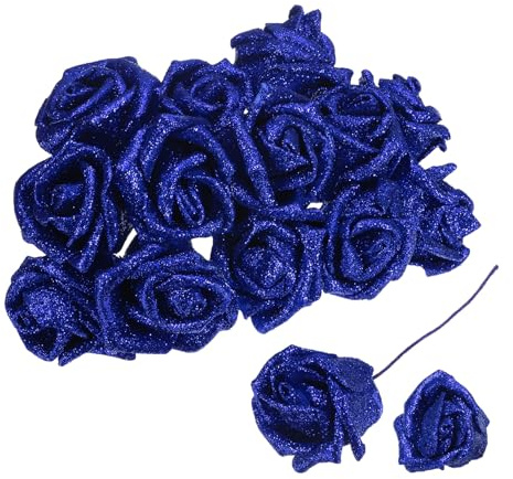 QUARKZMAN 50 Piezas de Rosas Artificiales con Purpurina, Rosas Falsas con Tallos de Espuma Tacto Real para Decoración de Bodas, Fiestas, Oficinas, Duchas y Hogar, Azul