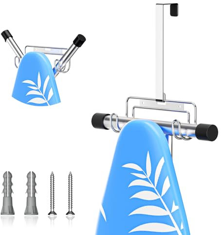 LOXSUN Ironing Board Hanger Wall Mount, Ironing Board Holder Over door, Laundry Rooms Iron Board Hanger with Removable Hooks, Stainless Steel Iron Board Storage for Y or T leg, Silver