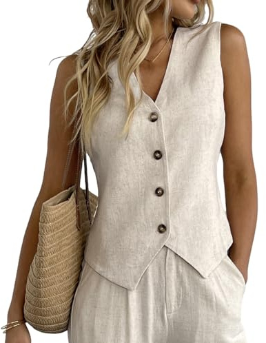 Gilet da donna in lino con scollo a V, con bottoni, per lavoro, vacanze, senza maniche, blazer