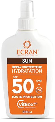 ECRAN® - Spray Protecteur Hydratant - Haute Protection - Technologie vitEox80 - Vitamine E - Protection UVA, UVB, Lumière Bleue, Coups de Soleil - Protection Solaire SPF 50 - Bronzage naturel
