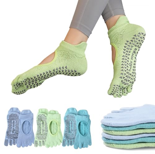 Sunolkie Calcetines de pilates para mujer antideslizantes con los dedos Calcetines de yoga y pilates profesionales, ejercicios de interior, escuelas de baile, hospitales