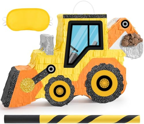 WERNNSAI Piñata de excavadora – Decoración de cumpleaños de excavadora para niños pequeños, tractor, volqueta, piñata con palo, venda para los ojos, auto de construcción, decoraciones de fiesta de