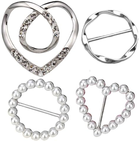 Halsduksklämma – 4 st legering, bländning/rund/hjärtformade T-shirtklämmor, knutna spännringar | Mode ringklämmor för fixering halsdukar damkläder och hattdekor, Refer to description, Metall